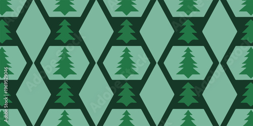 Seamless geometric pattern with green pine trees inside hexagons and diamonds for nature backgrounds.
