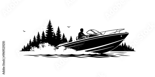 Silhouette Boat Speeding Through Forest Waters