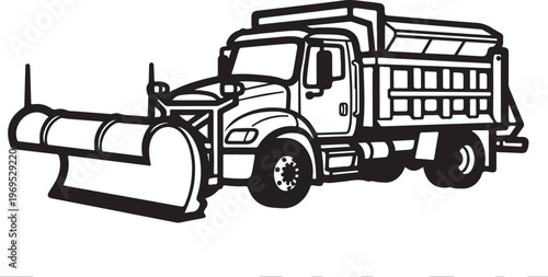Snowplow truck, winter vehicle, snow removal truck, black and white illustration