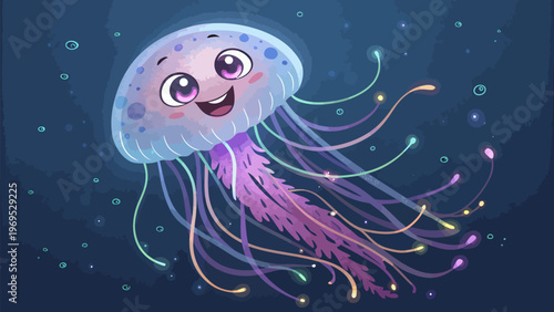 Smiling jellyfish with glowing tentacles in dark blue ocean water cartoon illustration