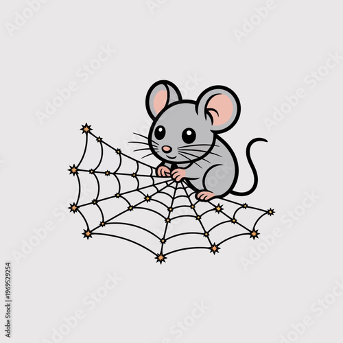Cute cartoon mouse caught in a spider web halloween theme gray fur big ears web with stars