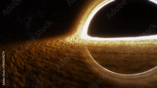 Supermassive black hole event horizon golden accretion disk gravitational lensing, warped spacetime, swirling plasma, deep space stars, cinematic cosmos, astrophysics concept, sci fi background