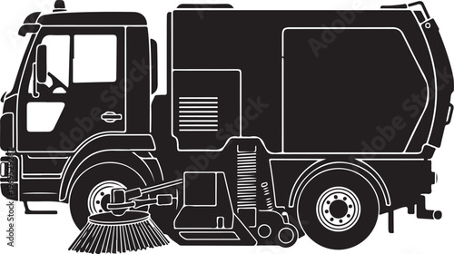 Street Sweeper Truck, Urban Cleaning Vehicle, Municipal Maintenance Truck, Black Vector Illustration