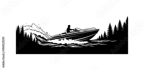 Silhouette Boat Riding Through Forest Waters