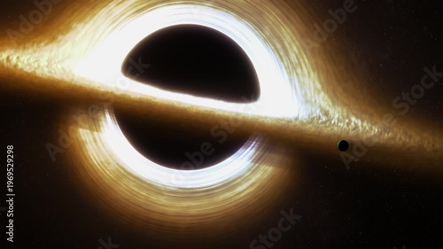 Supermassive black hole event horizon golden accretion disk gravitational lensing, warped spacetime, swirling plasma, deep space stars, cinematic cosmos, astrophysics concept, sci fi background