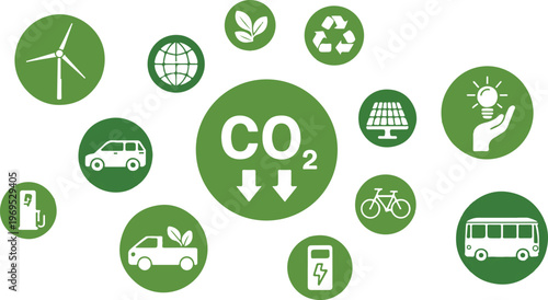 Diverse set of green eco-friendly and carbon emission reduction icons representing sustainable energy and transportation solutions.