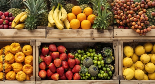 Tropical fruit assortment set in natural wooden crates