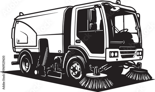 Street Sweeper Truck, Road Cleaning Vehicle, Urban Maintenance, Black and White Illustration