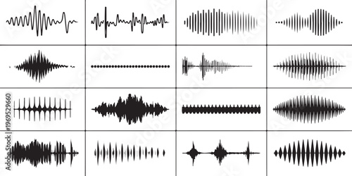 Set of audio sound wave icons black pulse music equalizer signal frequency spectrum vibration isolated on transparent background.