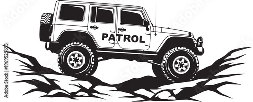 Black and white Jeep Wrangler vector illustration, PATROL off-road vehicle decal, rugged terrain graphics