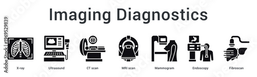 Imaging diagnostics banner web icon utilizes advanced scanning technologies for internal body visualization and detection.