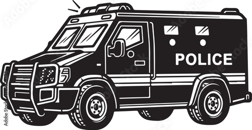 Police van, emergency vehicle, black and white illustration, law enforcement icon