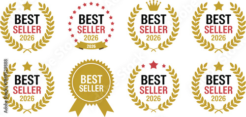 Set of golden best seller awards wreaths icons for commerce marketing achievement certification stickers on transparent background.