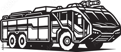 Black and white fire truck, emergency vehicle icon, vector illustration, rescue transport