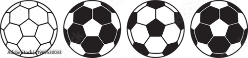 Set of four different soccer balls with transparent background, black and white sports equipment for championship.