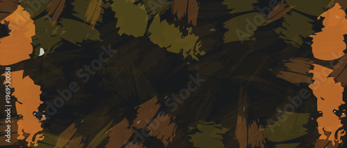 Dark abstract background with jagged leaf-like shapes in olive green brown and orange