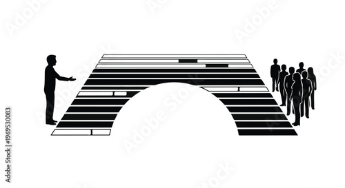 Leader guiding diverse group across a symbolic bridge symbolizing progress and connection.