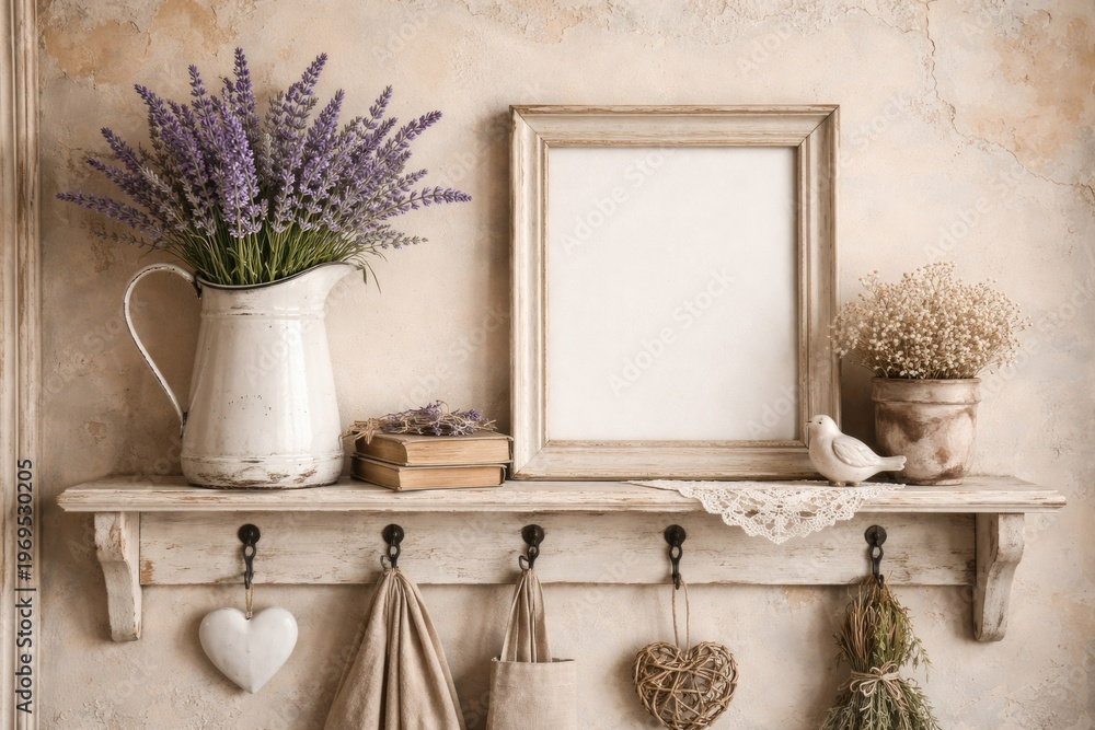 Fototapeta premium Vintage Shelf Displaying Lavender Pitcher and Blank Frame on Pastel Wall