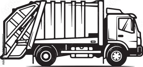 Black and white garbage truck, waste management vehicle, recycling truck, illustration