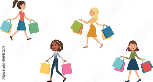 Collection of stylish women carrying colorful shopping bags in various walking poses vector illustration for retail marketing projects.