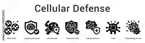 Cellular defense banner web icon showcases white blood cells and protective mechanisms fighting pathogens at microscopic level.