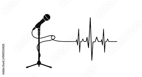 Microphone connected to a heart rhythm line, symbolizing life and sound
