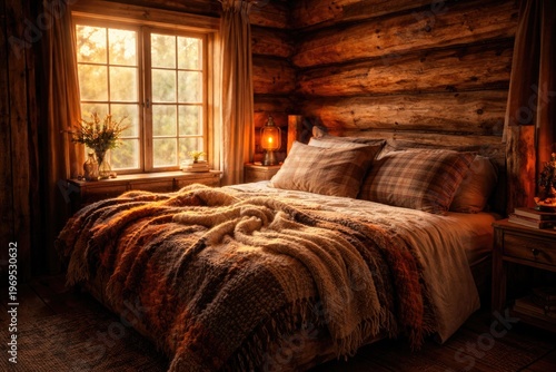 Rustic log cabin bedroom fe...