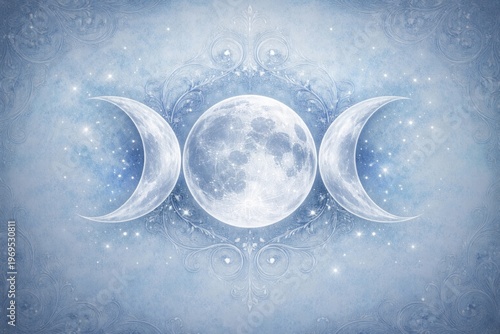 Light blue wallpaper featuring a precise triple moon Wiccan symbol illustration