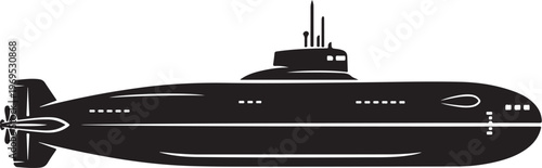 Black submarine vector, military submarine icon, naval vessel illustration, ocean transportation