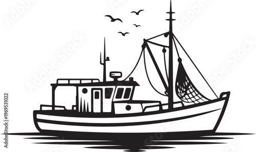 Fishing boat, fishing vessel, boat illustration, nautical icon, black and white