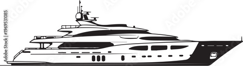Luxury yacht, mega yacht, boat, vector, black and white, nautical, illustration,  yacht design