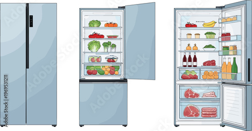 Illustration of a Refrigerator with Various Foods Inside Including Fruits, Vegetables, and Beverages for Kitchen, Home, and Household Designs