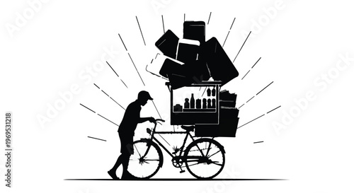 Silhouette of a person pushing a bicycle loaded with many boxes and goods.