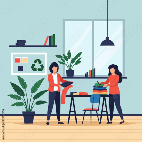 Two women collaborate in a bright studio, sorting colorful fabrics and discussing sustainable fashion designs. Ideal for eco-conscious brands, textile industry, and design workshops.