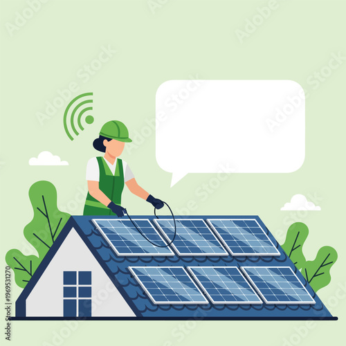A woman in a green hard hat and vest installs solar panels on a residential rooftop, symbolizing clean energy and home sustainability. Useful for concepts in renewable power and eco-friendly living.