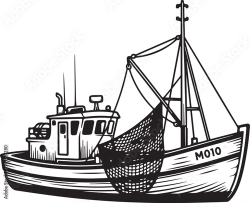 Fishing boat, fishing vessel, black and white illustration, nautical icon, M010