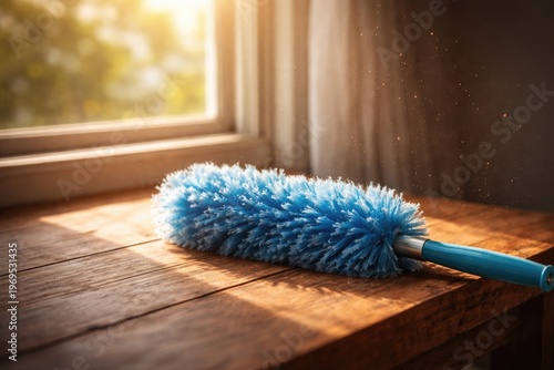 Blue duster resting on wood...