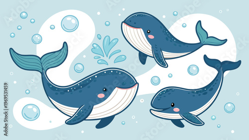 Three cartoon whales swimming with bubbles in ocean water playful sticker pack vector graphics