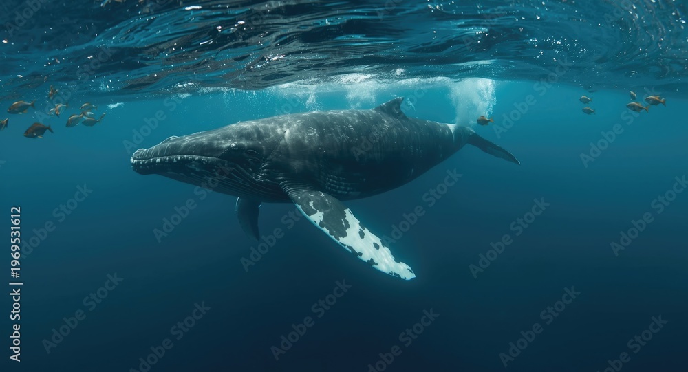 Naklejka premium Underwater scene of a humpback whale moving smoothly through ocean currents with fish nearby
