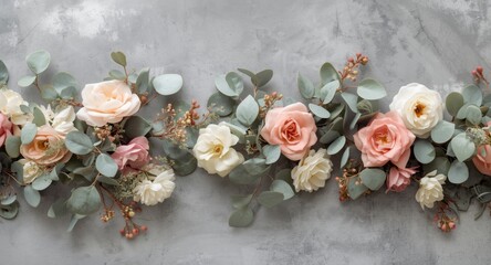 Lovely pastel floral border featuring eucalyptus foliage on elegant gray tabletop
