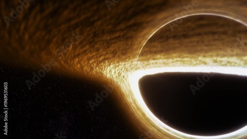 Supermassive black hole event horizon golden accretion disk gravitational lensing, warped spacetime, swirling plasma, deep space stars, cinematic cosmos, astrophysics concept, sci fi background