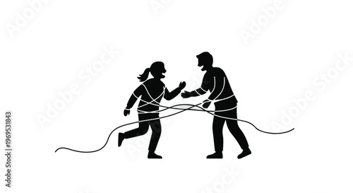 Playful couple tangled in string shares a moment of connection and joy