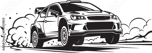 Racing car vector, speeding auto illustration, black and white, dynamic wheels, smoke trail