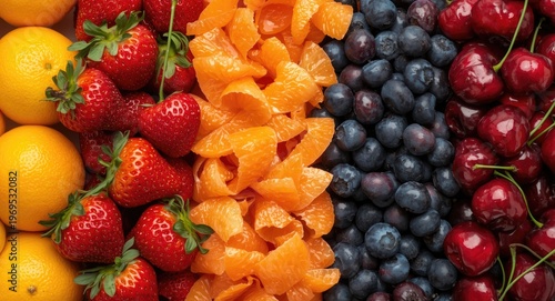 Colorful variety of fresh fruits featuring strawberries oranges blueberries and cherries ideal for nutritious meals and drinks
