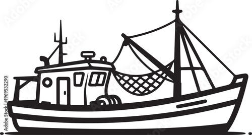 Fishing boat, fishing vessel, boat illustration, nautical icon, black and white