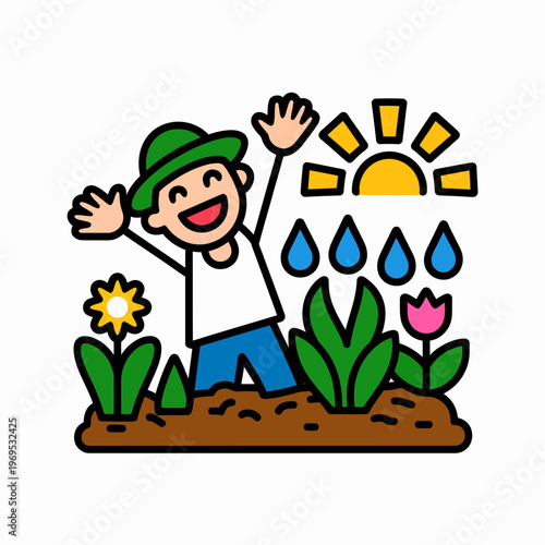 Happy gardener standing in soil with flowers and sunshine feeling joyful and carefree outdoors