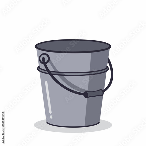 Gray metal bucket with black handle and rim, cartoon style illustration