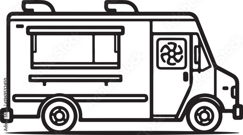 Food truck, vector illustration, black line art, mobile kitchen