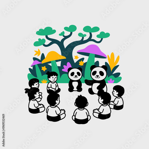 Children sitting around pandas in a forest with trees and mushrooms educational scene with kids and animals in a natural setting