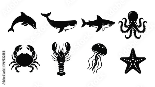 A collection of marine life including dolphins whales sharks and crustaceans presented as a stark silhouette high quality professional detailed modern